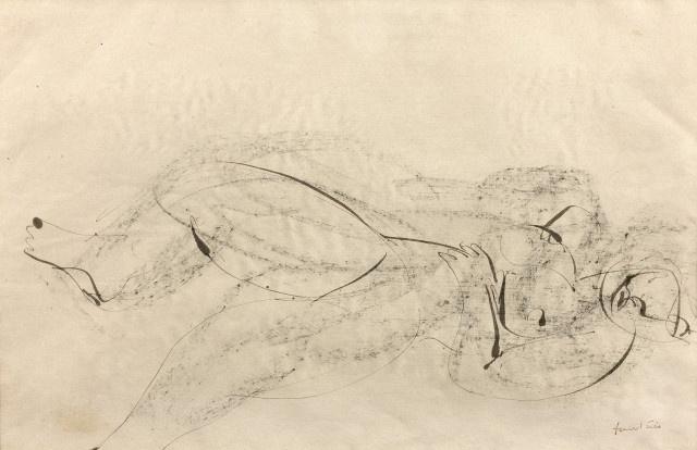 Jean Fautrier, nu allongé, encre, dessin original