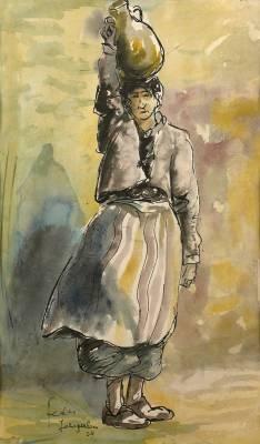 Adolphe Feder, femme à la cruche, aquarelle