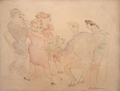 Jules Pascin, scène de café, dessin et aquarelle