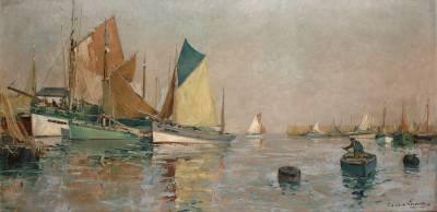 Paul Emile Lecomte, voiliers au port, tableau