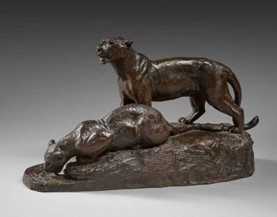 Roger Godchaux, lionnes s'abreuvant, bronze